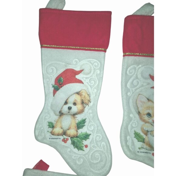 Set Of 7 Vintage Christmas Stockings Various Santa Dog Cat Tree Motifs - Picture 6 of 8